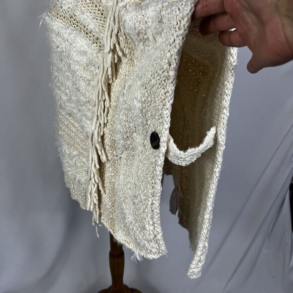 Anthropologie Marilyn Ivory Fringed Boho Cowl Oversized Knit Poncho Sweater XS S - Picture 6 of 10